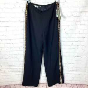 NWT Maggie Evening Black Dress Pants Gold Embroidered Trim Outside Hem Size 8